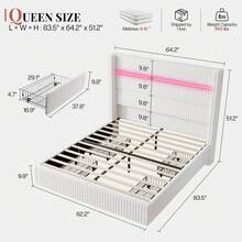 Corduroy Upholstered Storage Bed Frame With Wingback Headboard, LED Platform Bed With Charging Station - 白色 - 查看 3