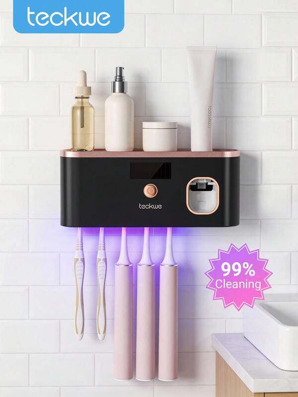 Teckwe UV Toothbrush Cleaner, Rechargeable Wall Mounted Toothbrush Holder Cleaner With Fan Drying, Intelligent Sensing Toothbrush Cleaner For Bathroom, 5 Toothbrush Slots & Timer Function