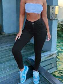Women's Mid Waist Medium Stretch Skinny Jeans, Elastic Slim Fit For Casual Wear - Black - View 3