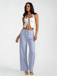 1 chiếc quần pajama nữ thanh lịch, kẻ sọc, kiểu dáng thường ngày, có nơ ở eo, có thể giặt máy, đồ mặc nhà thoải mái, thích hợp cho mùa xuân/hè/thu. - Xanh và trắng - Xem 3