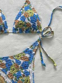 两件套波西米亚风系带露背比基尼，褶皱设计，适合夏季海滩度假 - 彩色 - 查看 8