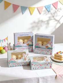 5pcs/10pcs Easter High-Quality Cake Boxes Set With Handle & Window, Rabbit & Egg Print Thick Cardboard Bakery, Cake, Chocolate, Cookie, Party, Birthday, Easter Festival Packaging Boxes, Cupcake Boxes - View 7