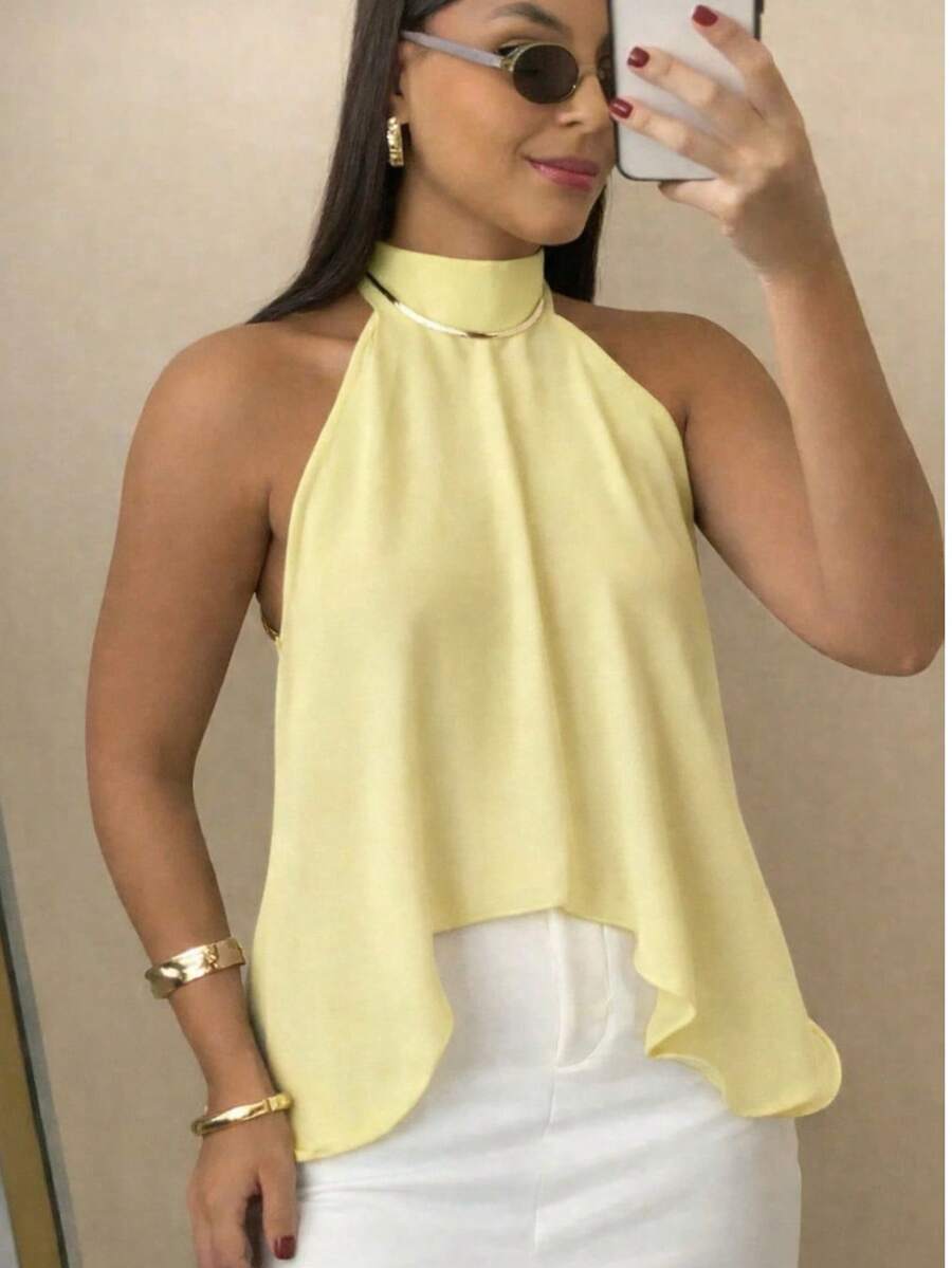 Women's Blouse With High Neck And Asymmetrical Neck Tie - Yellow - View 1