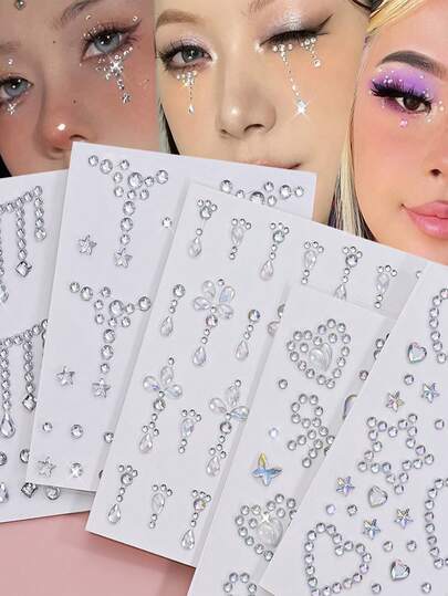 5Sheets 400+ Pcs Shiny Face Gems Rhinestone Stickers,2-8mm Unique Teardrop Star Butterfly Designs Self-Adhesive Crystal Face Jewels For Music Festival, Halloween, Party, Wedding, Makeup & Cosplay,Reusable Body Stickers For Eye & Cheek Decor, Waterproof & Easy To Apply