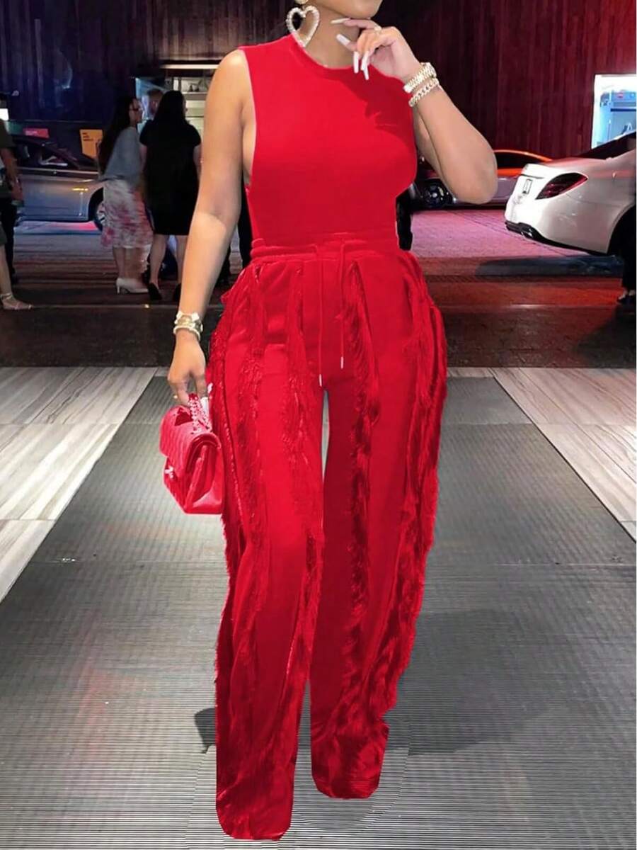 CALEBGAR Women's Sexy Party Knitted Sleeveless High Neck Tunic Top And Fringe Detail Pants Two Piece Outfit - Đỏ - Xem 1