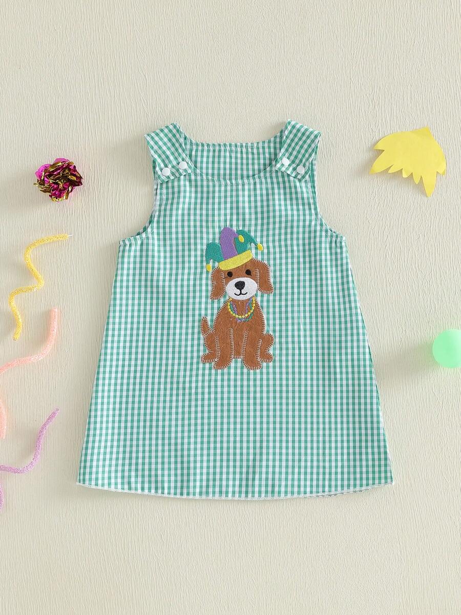 Vestido de MardiGras para niña pequeña, con bordado de perro a cuadros, sin mangas, informal, para verano y primavera - Verde - Ver 1