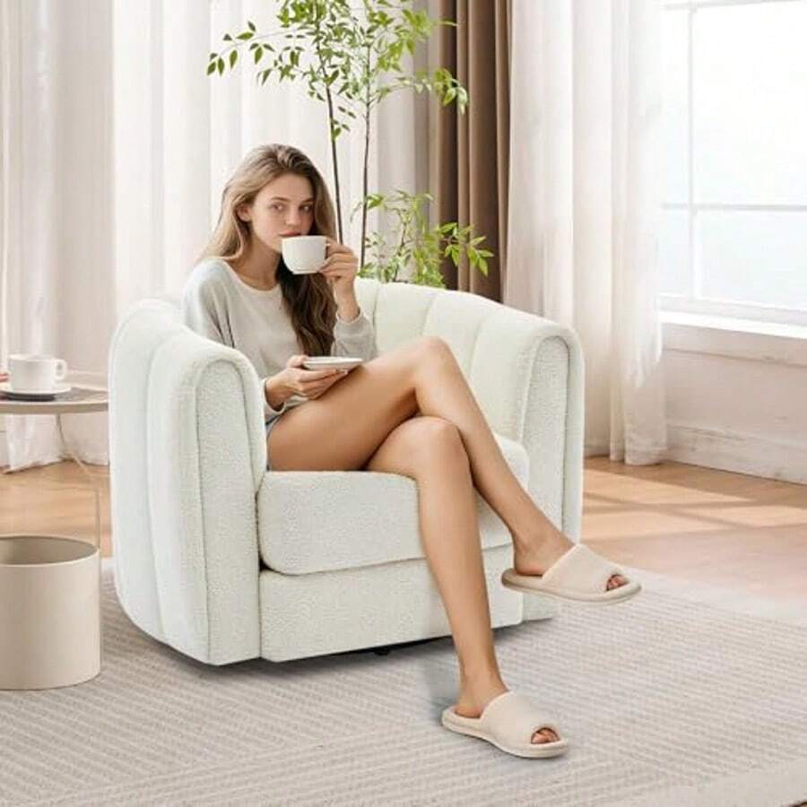 Sillón giratorio moderno con acento de barril, tapizado en tela de peluche de 360° con respaldo a rayas y acolchado de felpa, cómodo sillón redondo (1 unidad) - Blanco - Ver 1