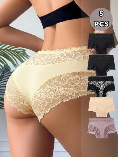 5条/包 女士无缝花卉蕾丝纯色和豹纹性感透气舒适弹力内裤