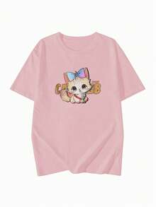 Japanese Style Women's Loose Casual Round Neck Versatile Bow Tie Cartoon Cat Print Short Sleeve T-Shirt, Spring/Summer Pink - Pink - View 5