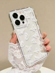 1pc White Butterfly Pattern Shock-Proof Phone Case Compatible With IPhone 17/16 Pro Max/14/16 Plus/15/13 Pro/12/11/XR/Air, Daily Use Case, Fashionable Phone Accessory, Creative Design, UV Printing, Stylish Protective Cover, Perfect Birthday Gift - Multicolor - View 2