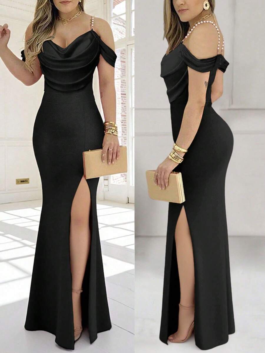 ChicMe 女士露肩仿珍珠吊带垂褶领修身优雅高开衩鱼尾长裙，适合派对、鸡尾酒会、约会、假日和度假，黑色夏季款