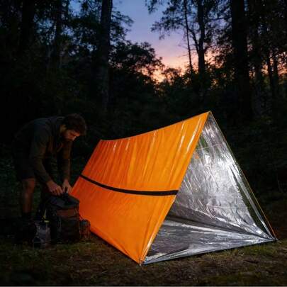 Foldable Survival Tent - Reversible Emergency Shelter, Orange/Black Design, Lightweight Portable Outdoor Shelter For Camping, Hiking, Survival, First Aid, Insulation, Windproof, Easy Setup, Compact Storage, Durable Fabric, Suitable For Adults, Ideal For Emergency Kits And Survival Gear, Rectangular Shape With Rounded Corners, Reflective Material For Enhanced Visibility, Multipurpose As Blanket Or Tent, Suitable For Outdoor Adventures, Reflective Insulation