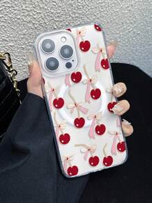 1个透明防摔亚克力磁吸无线充电手机壳，UV印刷红色樱桃蝴蝶结图案，时尚手机壳，适合女性，兼容 11/11Pro/11ProMax/12/12Pro/12ProMax/12Mini/13/13Pro/13ProMax/13Mini/14/14Pro/14ProMax/14Plus/15/15Pro/15ProMax/15Plus/16/16Pro/16ProMax/16Plus/17/17Pro/17ProMax/Air - 彩色 - 查看 3