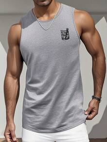 男士夏季字母印花圆领休闲宽松背心 - 灰色 - 查看 2