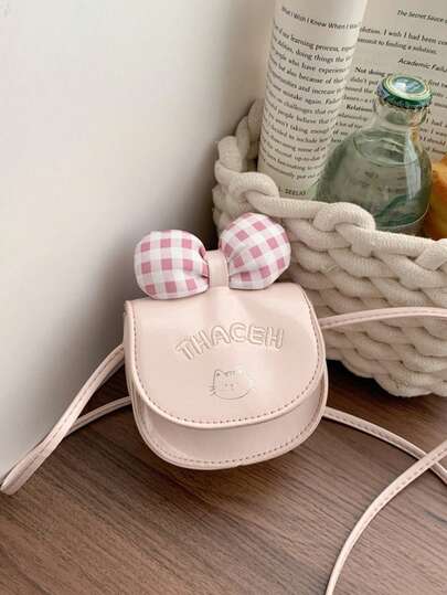 1pc Multicolor Plaid Bow Tie Cat Embroidered Glossy PU Leather Adjustable Strap Flap Closure Cute Saddle Bag, Girls Daily Crossbody Bag
