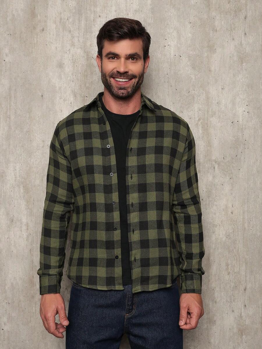 Men's Flannel Plaid Shirt, Long Sleeve Blouse - Army Green - View 1