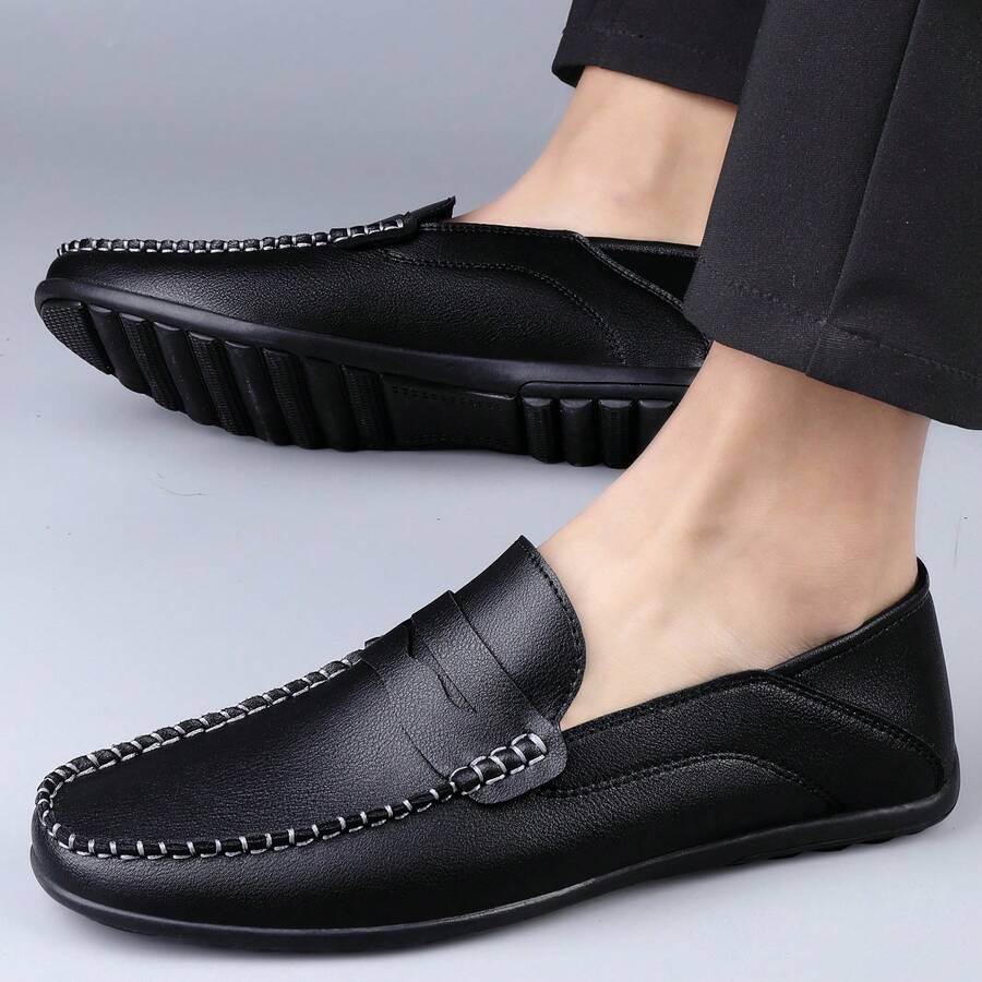 Men's Non-Slip Casual Loafers, Black Moccasin Shoes - Suitable For Daily Wear - Black - View 1
