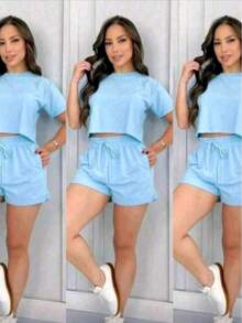 Cropped Top And Sweat Shorts Set, Comfortable Fit And Casual Style. - 淺藍色 - 查看 2