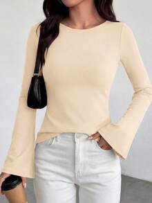 Women Casual Bell Long Sleeve Boat Neck Solid Color Fitted Shirts Spring Fall Autumn Y2K Club Going Out Tops Clothes - Beige - View 1