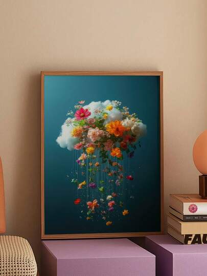 1pc Frameless Canvas Wall Art | Modern Floral Cloud Art With Vibrant Multi-Colored Flowers, Ideal For Living Room, Bedroom, Office, And Cafe Decor, High-Quality Ink Print,Perfect For Holidays Or Birthdays