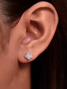 1对S925纯银幸运四叶草耳环，独特设计，镶嵌立方氧化锆小花，百搭耳环，女士礼物 - 四葉草 - 查看 2