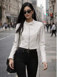 Women's Premium PU Leather Jacket, Stylish, Modern, Casual, Elegant,  Fall/Winter 2026 - 白色 - 查看 5
