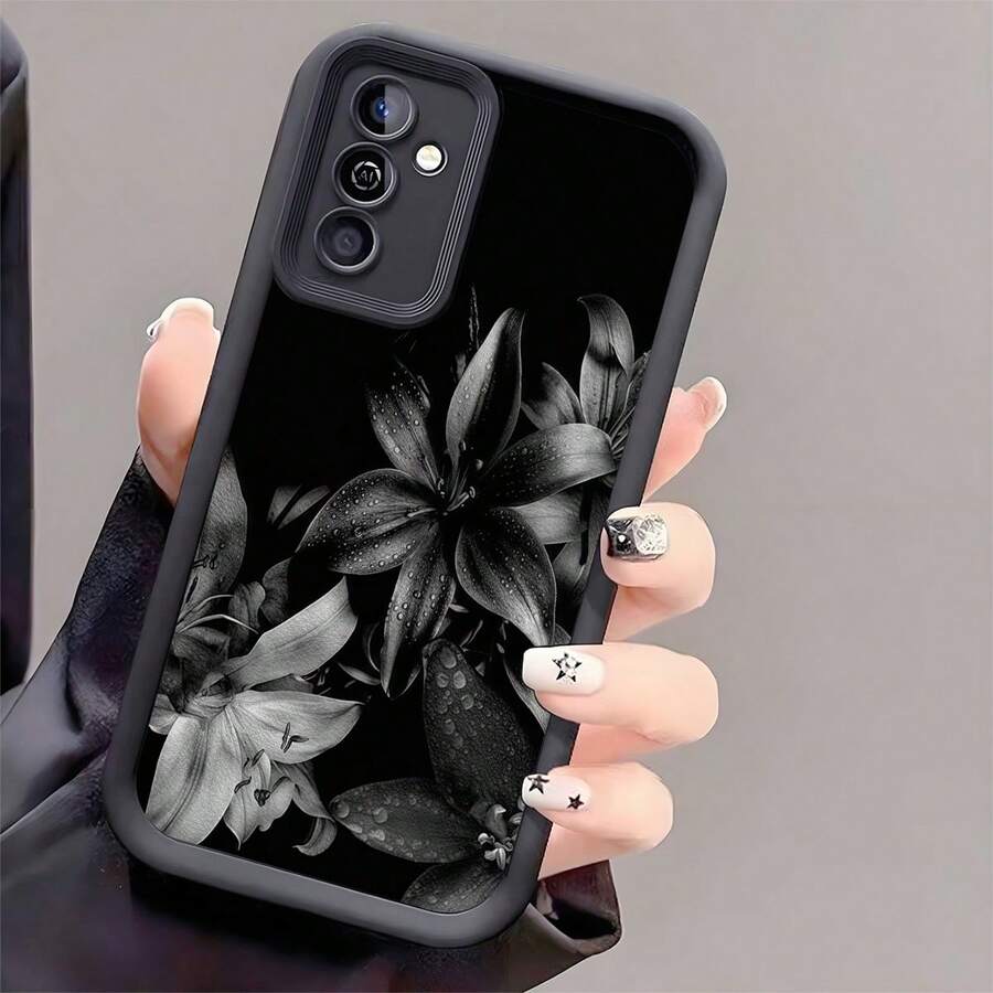 Flower 1pc Printed TPU Shockproof Phone Case, Thick Anti-Slip Protective Cover Compatible With Huawei, Honor, Galaxy S26, S26 Plus, S26 Ultra, - Black - View 1