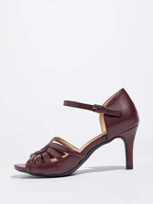 Women Twist Knot Stiletto Sandals Open Toe Ankle Strap Dress Heels Party Shoes - Burgundy - View 6