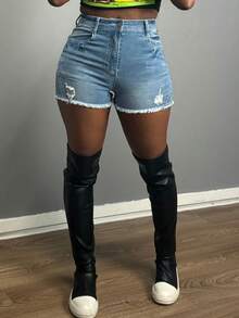Women's Mid-Rise Denim Shorts With Stretch And Rips For Urban Looks - Light Wash - View 4