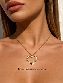 Custom Two Names Heart Charm Inlay Birthstone Necklace Personalized Women's Stainless Steel Necklaces Customized Month Stone Jewelry Valentine's Day Gifts Daily Wear - Multicolor - View 2