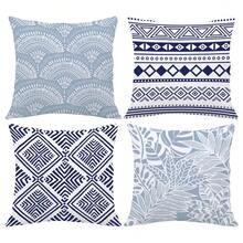 4 件套蓝白波西米亚几何花卉印花抱枕套，涤纶面料，单面印花，尺寸：17.7*17.7 英寸/19.69*19.69 英寸/15.75*15.75 英寸，棕榈叶造型抱枕套，适合家居装饰、客厅沙发，四季皆宜，礼品 - 彩色 - 查看 11