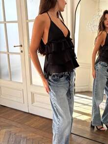Women's Ruffle Halter Neck Tops, Y2K Sheer Lightweight Silk Tank Tops, Sleeveless Open Back Layered Ruffle Hem Cami Tops, Adjustable Tie-Front Crop Tops, Cute Petal Blouse, Summer Shirts - đen - Xem 7