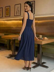 A&DD MODA,REF:MK09 - Women's Midi Dress With Elastic Straps And Pockets, Lightweight And Breathable Summer Dress Made Of Linen Fabric, Sweet And Slim Square Neckline, Sleeveless, Fitted Waist And A-Line Skirt, Suitable For Women - 藏蓝色 - 查看 6