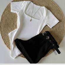 Set Of 1 White Square Neck Bodysuit + Tailored Shorts With Belt - Fashion Blogger Inspiration - 2026 - Trắng/Trắng - Xem 4