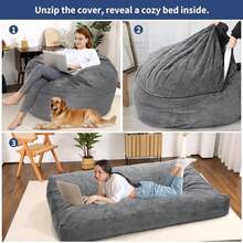 Sillón puf grande convertible con relleno para adultos, 2 en 1 con funda de pana extraíble y lavable, sofá cama para sala de estar y dormitorio (gris claro). - Gris - Ver 2