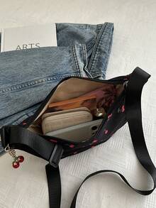 Niche Underarm Bag, Cherry Print Handbag, Urban Minimalist Tote Bag, Underarm Dumpling Bag With Pendant - Black - View 10