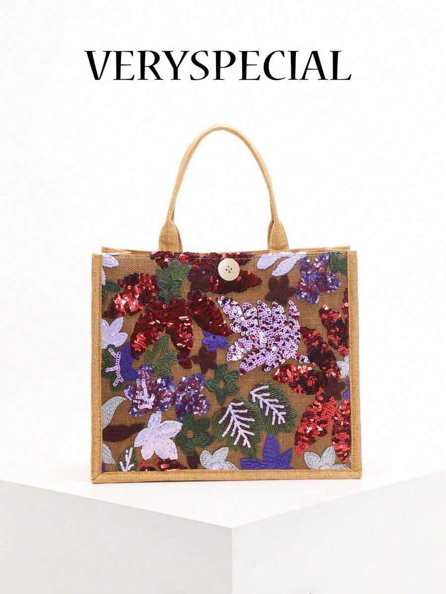 1 chiếc túi tote vải lanh phối lưới và đính sequin nhiều màu sắc, thiết kế thêu hoa lá thời trang, túi đeo vai vuông dung tích lớn, túi mua sắm phong cách thường ngày cho kỳ nghỉ (Họa tiết hoa được phân bố ngẫu nhiên)