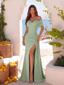 ADYCE 女士优雅交叉露肩褶皱高腰缎面系带高开衩露背长款连衣裙，适合晚宴、婚礼宾客、返校舞会、约会之夜、正式晚宴、生日派对、节日派对、家庭聚会等场合，也适合情人节春季派对。 - 綠色 - 查看 5