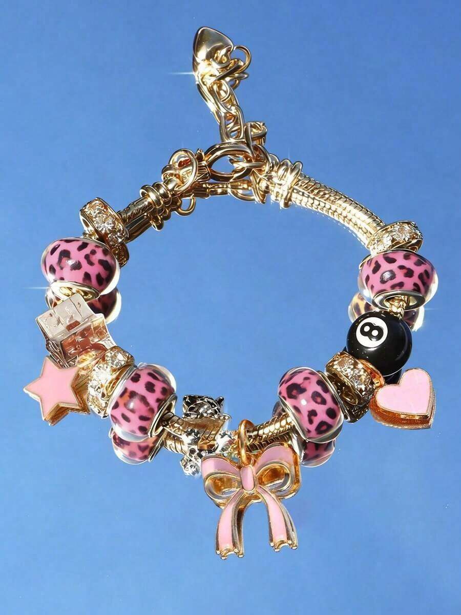 1pc Women's Adjustable Everyday Bracelet With Gold Rhinestone Butterfly, Heart & Lollipop Beaded Decor - Blue Ocean - View 1