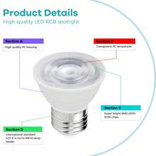 E27/E26 LED灯泡 E14射灯 GU10吸顶灯 MR16吊灯灯泡 GU5.3 带遥控器 可调光 彩色氛围灯 15种颜色 4种动态模式 适用于家庭客厅 卧室 音乐派对装饰 霓虹灯照明 RGBW/RGBWW 透明/乳白色灯罩 - RGB LED Bulb With Remote Control - 查看 3