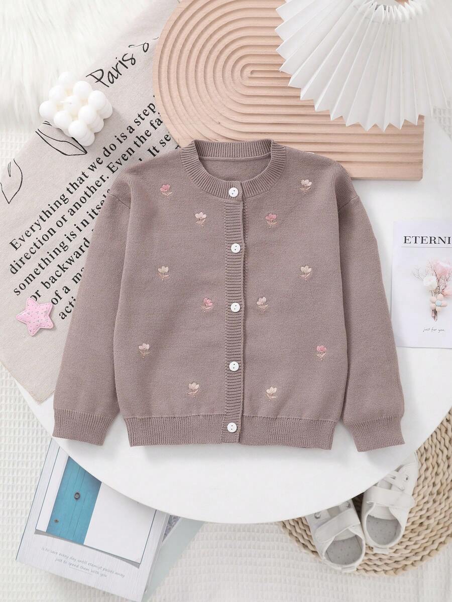 Baby Girl Knitted Floral Embroidery Cardigan - Coffee Brown - View 1