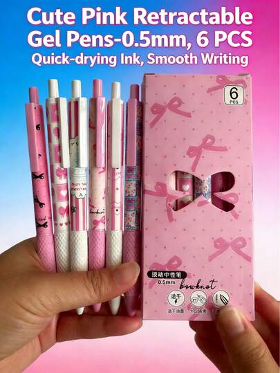 6pcs/Set Pink Bowknot Quick-Drying Neutral Pens, 0.5mm Fine Tip, Smooth Writing, Suitable For Office, Classroom, Adult, Home Office, Family Education, Exams, Holiday Stationery Gifts, Back To School, Smooth Ballpoint Pen, Exam Pen, Office Supplies, Family Gift