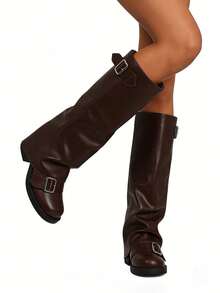 Women's Knee High Boots Foldover Boots Slouch Style Biker Boots Double Buckle Fold Down Fashion Boots For Daily Outfits - Brown - View 6