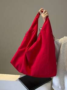 Bolso de hombro de gran capacidad con múltiples bolsillos de unicolor y de moda - Rojo - Ver 4