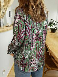 Camisa con botones y estampado, estilo bohemio de manga larga con botones y estampado para vacaciones de primavera, talla grande - Rosa coral - Ver 5