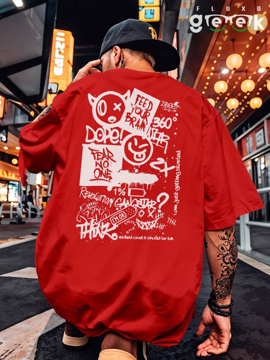 Oversized Streetwear T-Shirt With Urban Skater Graffiti Print REF 3411 FLUXOGEEK - Red - View 1