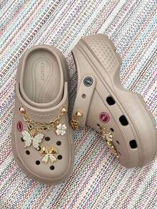 Sapato Chinelo babucha de salto alto Croco EVA com pingente - Macio e Confortável - Caqui - Visão 3