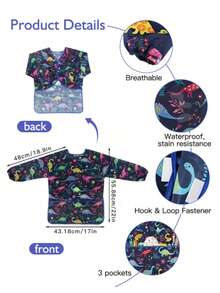 1 pieza Delantal impermeable con diseño de dinosaurio, diseño de manga larga con 3 bolsillos, adecuado para niños de 3 a 8 años, delantal de limpieza - A - Ver 4