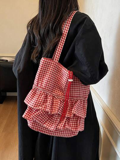 新款通勤格纹单肩包，时尚简约，设计独特，大容量手提包。