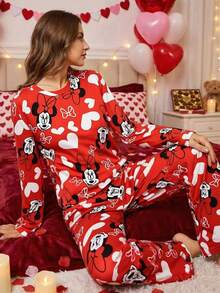 Disney 2pcs Women's Red Valentine's Day Pajama Set, Comfortable Home Wear, Soft Fabric - Red - View 6